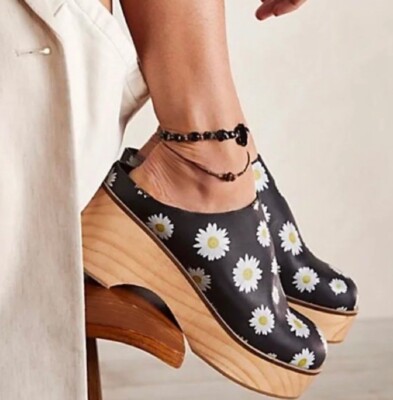 Free People Conversational Daisy Platform Clog Leather Wood Black 40/10 NEW