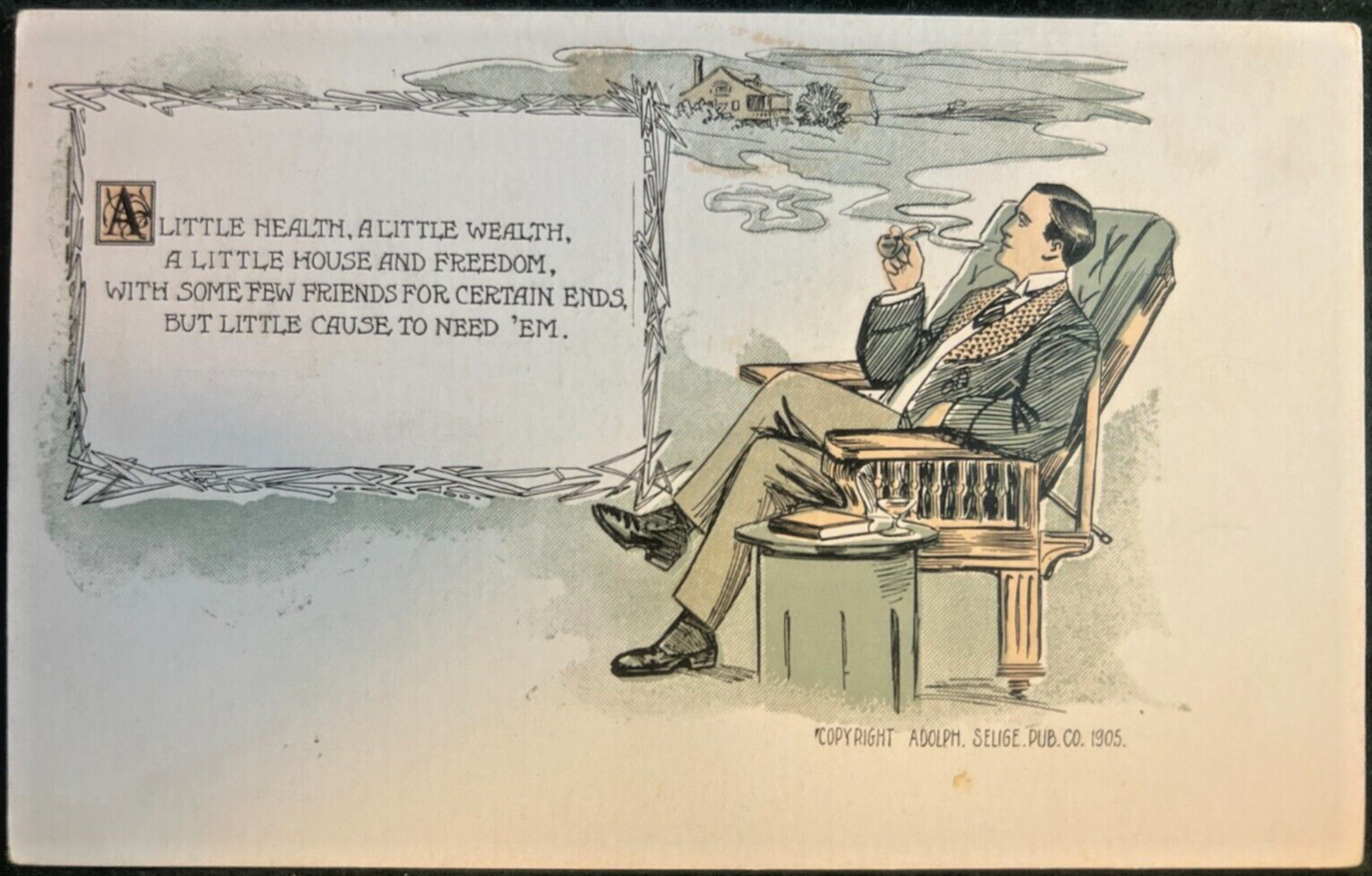 Vintage Art Nouveau postcard of a man smoking a pipe, 1 of 7 antique collectibles