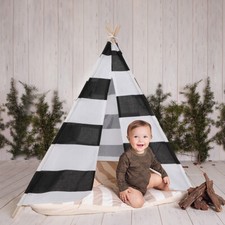 White Black Striped Kids Teepee Portable Canvas Tent Foldable Playhouse Teepee
