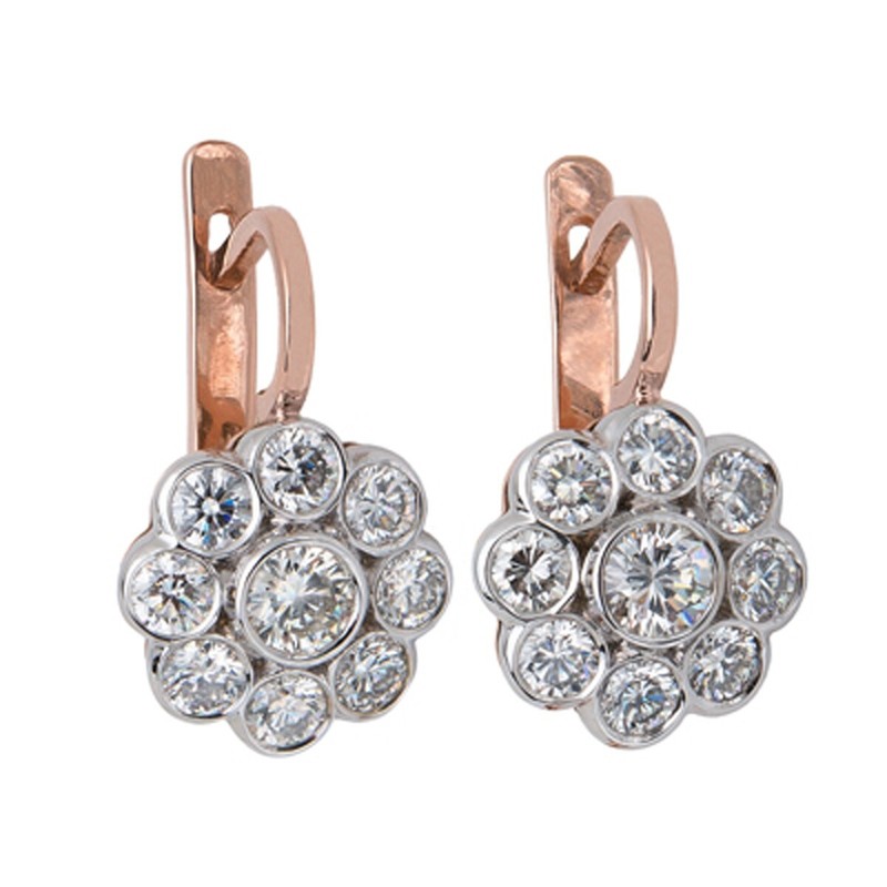 European Style 14k Solid Rose and White Gold Genuine Diamond Earrings E1195