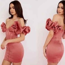 House of CB Mini Dress Size Medium Corset Annabelle ROSE SATIN RUFFLE STRAPLESS