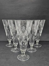 6 Vintage Anchor Hocking Etched Coin Dot 7-1/2" Blown Glass Pilsner Glasses