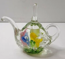 JOE ST. CLAIR Glass Paperweight Teapot Flowers Ring Holder Paper Weight Vintage