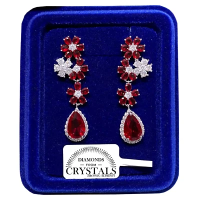 TBT GIOIELLI Fiore con Goccia Orecchini Donna pl Oro Bianco 18K con Cristalli Zirconi Rosso