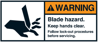 Warnaufkleber''WARNING Blade hazard. Keep hands clear..Fo..''35x80/45x100/70x160mm