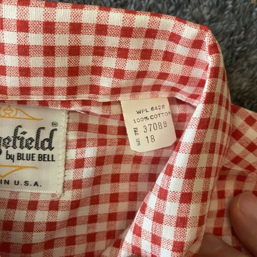 True Vintage NOS 60s 70s Boys/Youth Red White Gingham Button Up Shirt Sz 18 (XL) - Picture 7 of 17