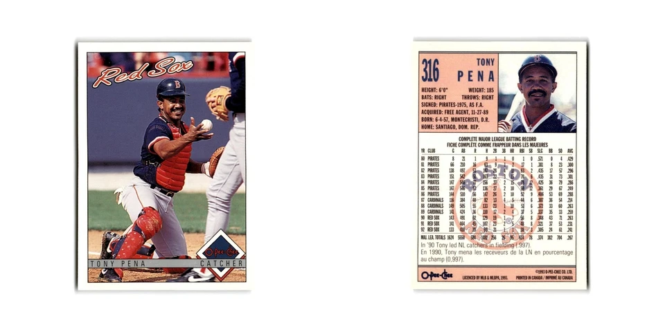 Tony Pena 1993 O-Pee-Chee #316 Boston Red Sox Baseball Card NM - Image 3 of 3