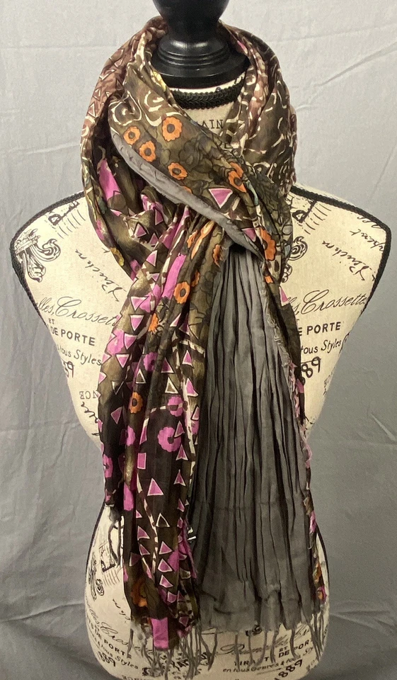 Womens boho Silk blend Scarf Wrap print  sacred thread fringe 72x13" - Image 2 of 4