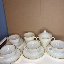 Vtg Anchor Hocking Fire King White Swirl Gold Rim Cups Saucers Sugar Creamer Set