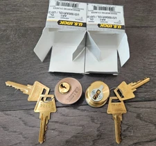 2-Pack, US Lock 1" Brass Mortise Cylinder AR1 Keyway US1500AR1DL with 4 keys