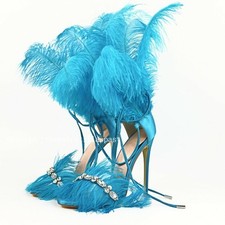 Gorgeous Women Sandals Feather Rhinestone Stiletto Sandals PARTY Shoes Woman
