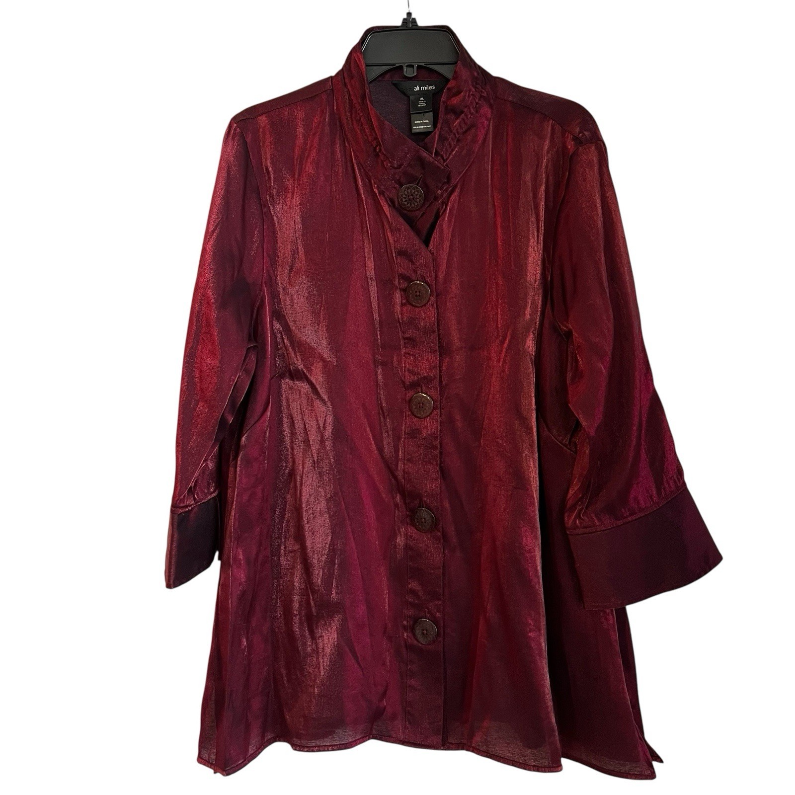 Ali Miles Wire Collar Button Front Tunic Women’s XL Deep Red Shimmer Party