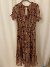 Express Brown Floral Midi Dress S V-Neck Puff Short Sleeve Ruffle Chiffon