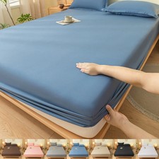 Fitted Bed Sheet with Elastic Band Solid Color Soft Mattress Cover for Single Do