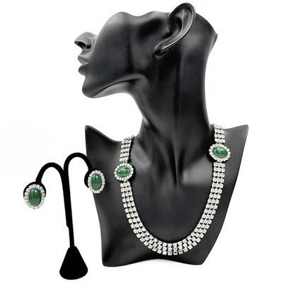 Eisenberg Ice Signed Green Glass Cabochon Clear Rhinestone Necklace Earring Set