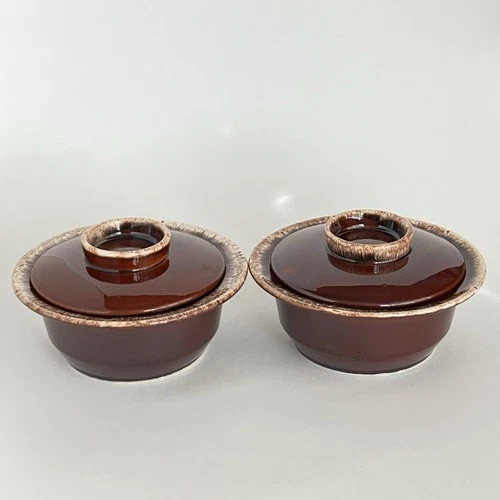 2 Vintage Hull 2-Tone Brown Drip Glaze 8" Oven Proof Covered Lid Casserole USA