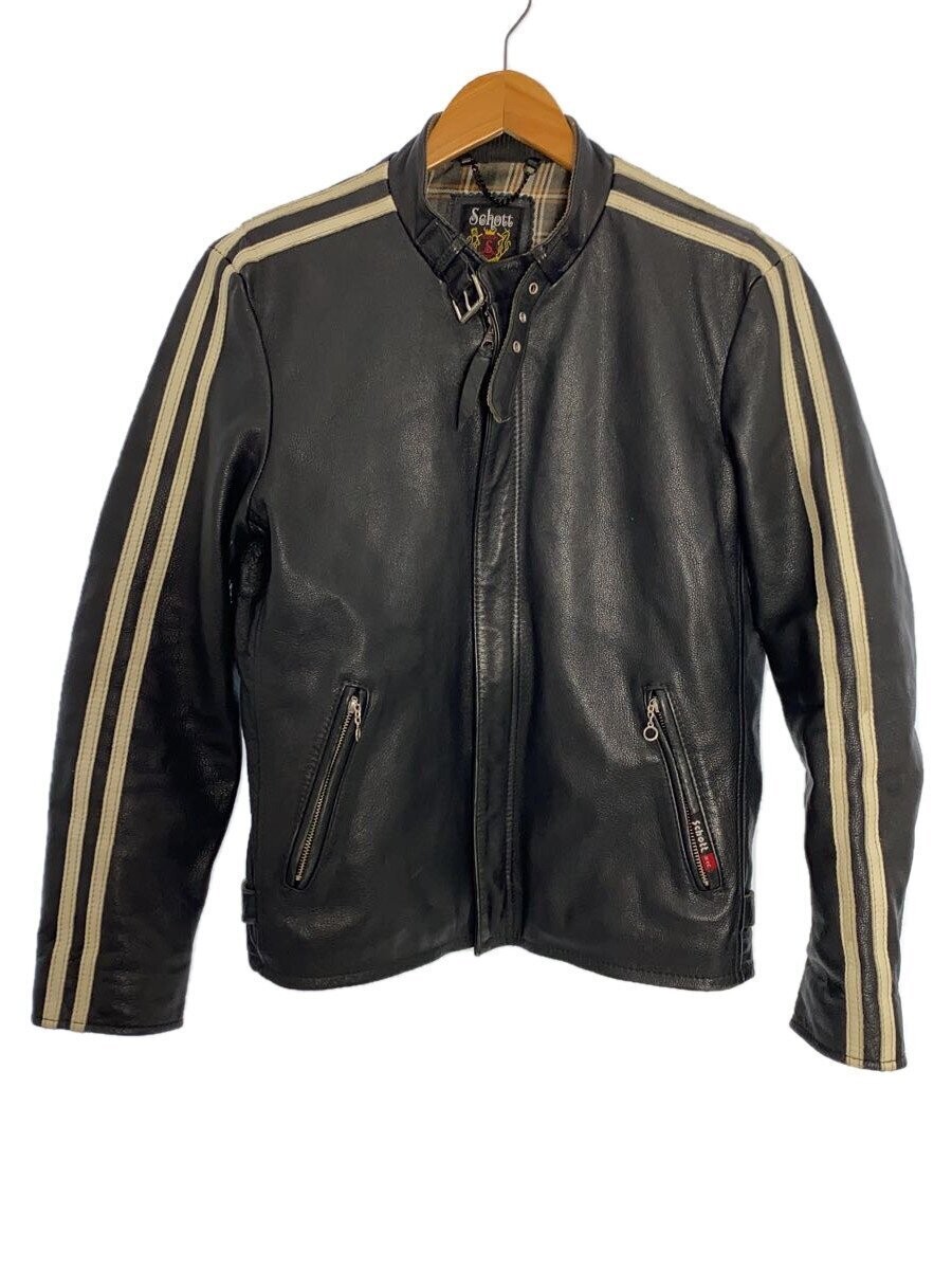 Schott Black Leather Jacket with Checked Back Detail