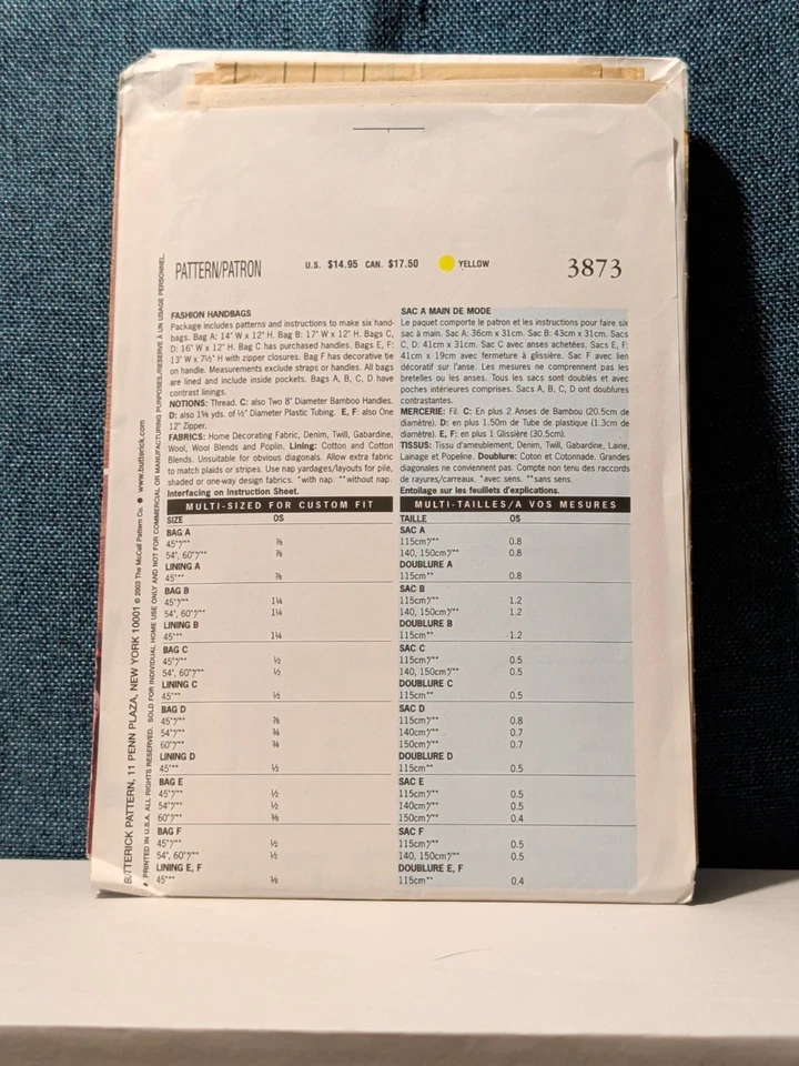 Butterick 3873 Pattern 2003 | 6 Handbag Styles | Hobo Tote Clutch Purse UNCUT - Image 3 of 4