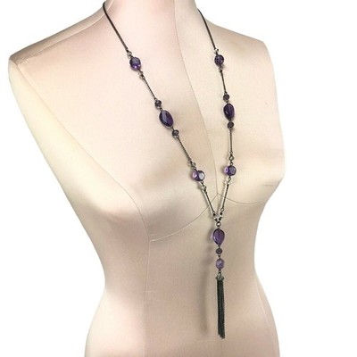 Kohls Color Long Necklace 29'' Gunmetal Violet Acrylic Beads & Tassel