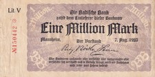 Mannheim - Badische Bank - 1 Million Mark - KN 6st - Lit. V - BAD 11b)