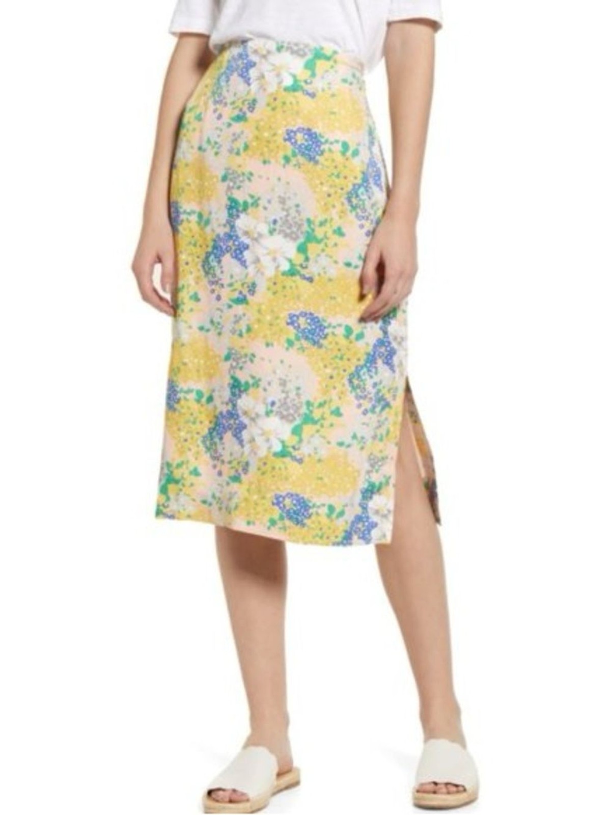 J Crew Tamara Lemon Yellow Floral Midi Slip Skirt Sz 8