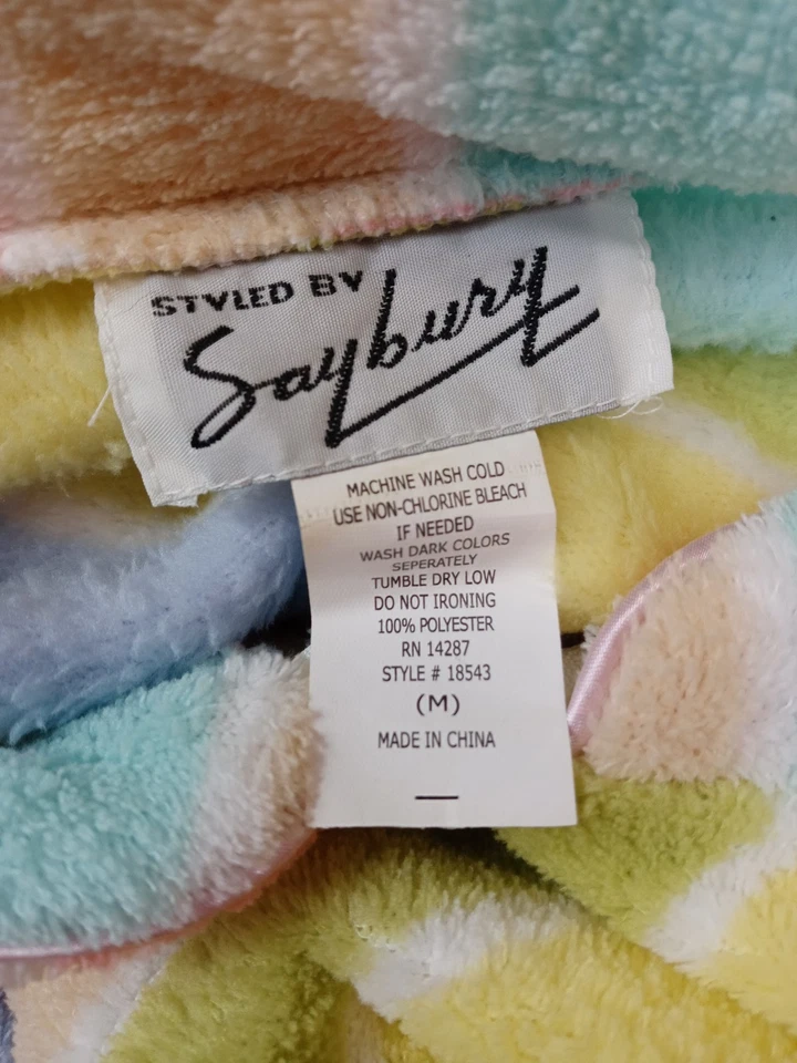 Vintage Saybury Robe Size M 70s 80s Pastel Rainbow Stripe Zip Fleece House Coat - Image 2 of 4