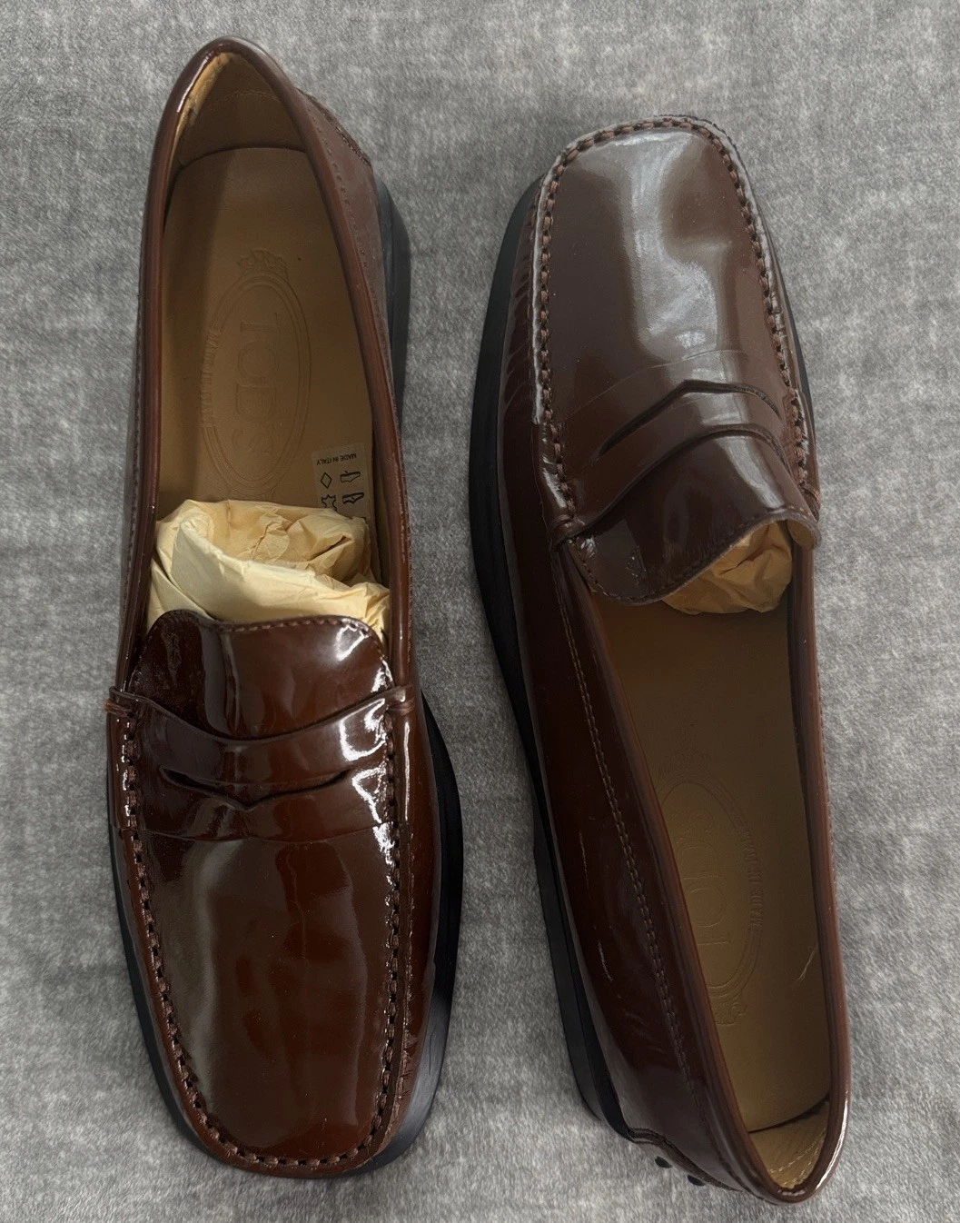 TOD’S TODS Penny Mocassini Donna 11 Marrone Pelle Verniciata Scarpe da Guida Slip On