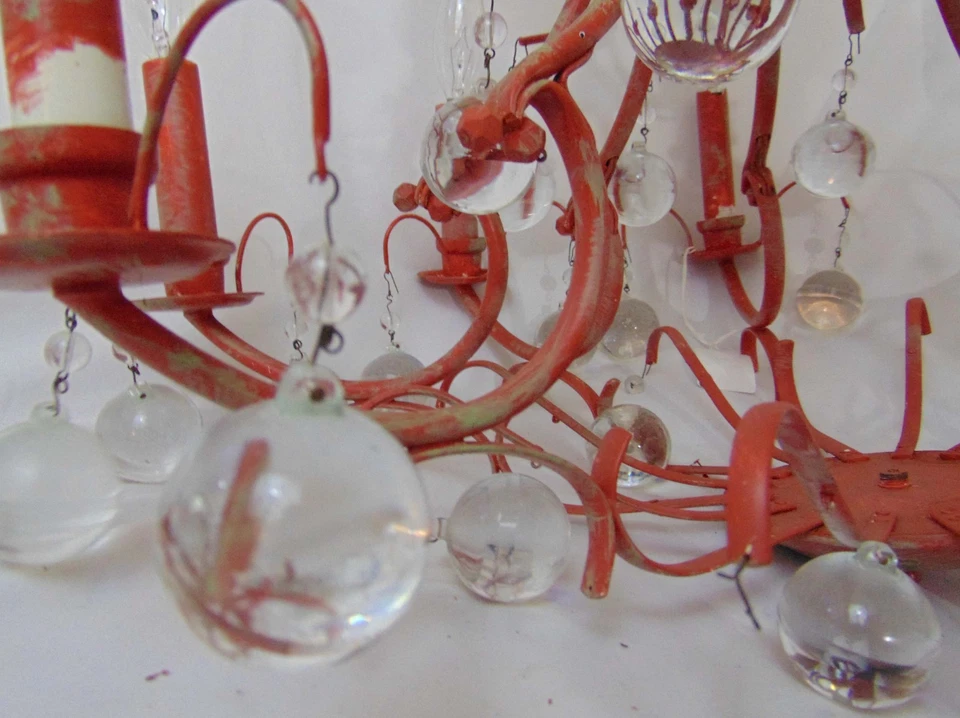 Shabby Chic Red Metal Crystal Ball Chandelier Lighting Lamp Mid C MCM Boho 50's - Image 3 of 4