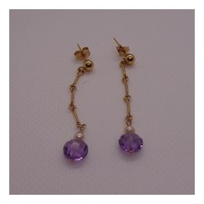 Elegant Yellow Gold Tone Amethyst Pearl Dangle Drop Pierced Earrings