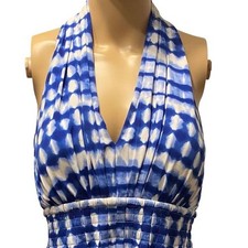 Blue White Tie Dye Halter Dress Sleeveless Casual Summer  Midi Sundress