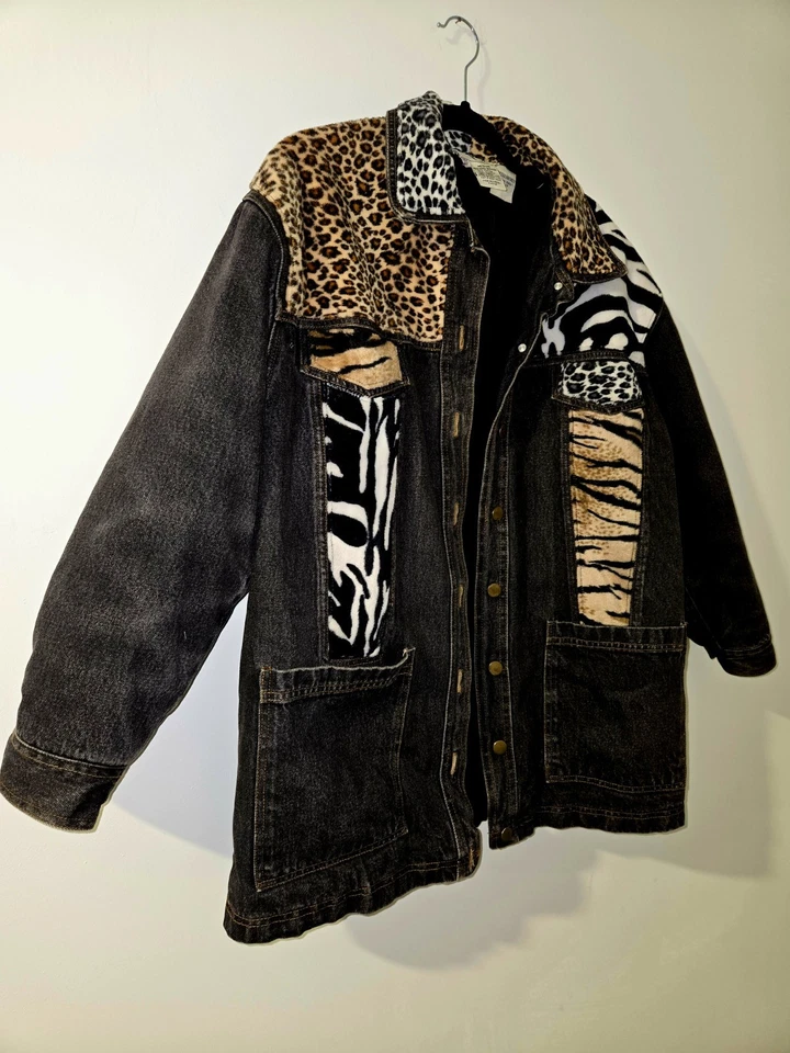 Jaqueta jeans preta vintage anos 90 Cervelle animal print feminina M preta zebra chita - Imagem 2 de 4