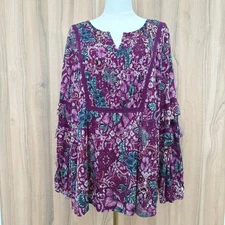 Style & Co Womens Blouse Size 3X Purple Floral Boho Ruffle Romantic Cottagecore