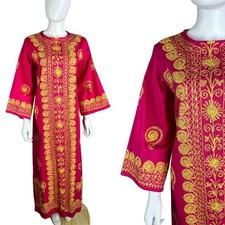 Vtg 70s Caftan Pink Gold Hippie Embroidered Caftan Tunic Dress Bell Sleeve M/L