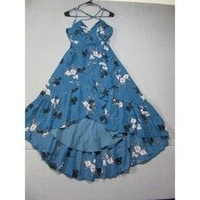 Lulus Dress Womens Small Teal Blue Floral Pink High Low Maxi Chiffon Flowy