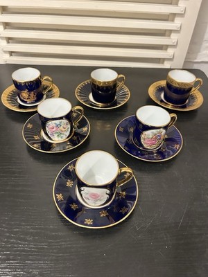 Limoges Mokkatassen Set Josephine Kobaltblau mit Gold Dekor 6 Teile Top Zustand