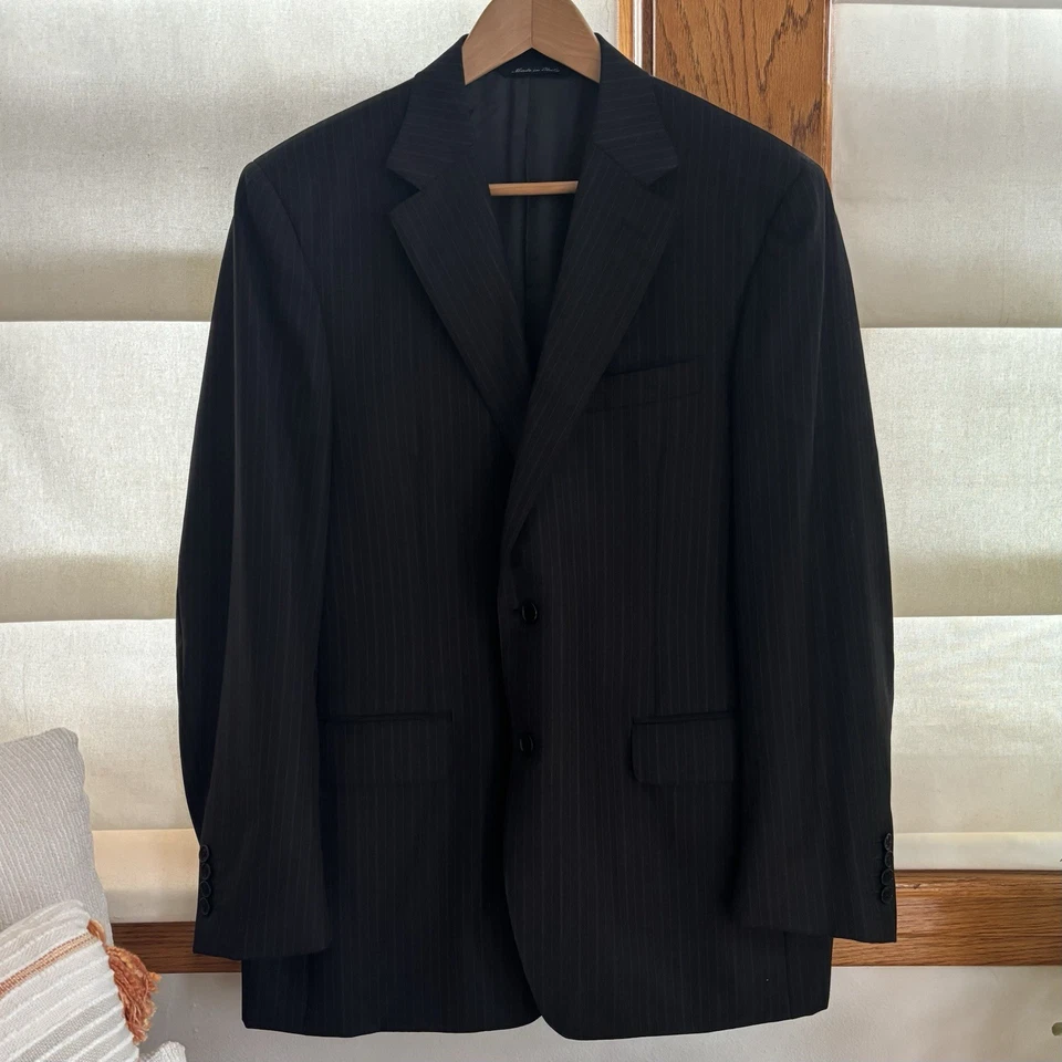 Blazer Canali Masculino 42R Azul Preto Listra Carreira Terno de Lã Jaqueta Italiana - Imagem 2 de 4