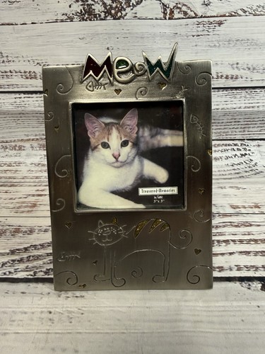 Meow Cat Pewter Style Metal Picture Frame for 3” X 3” Photo