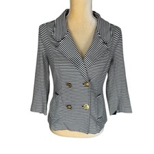 Cabi Life Jacket Style 823 Navy White Striped Gold Buttons Wide Lapel Blazer S