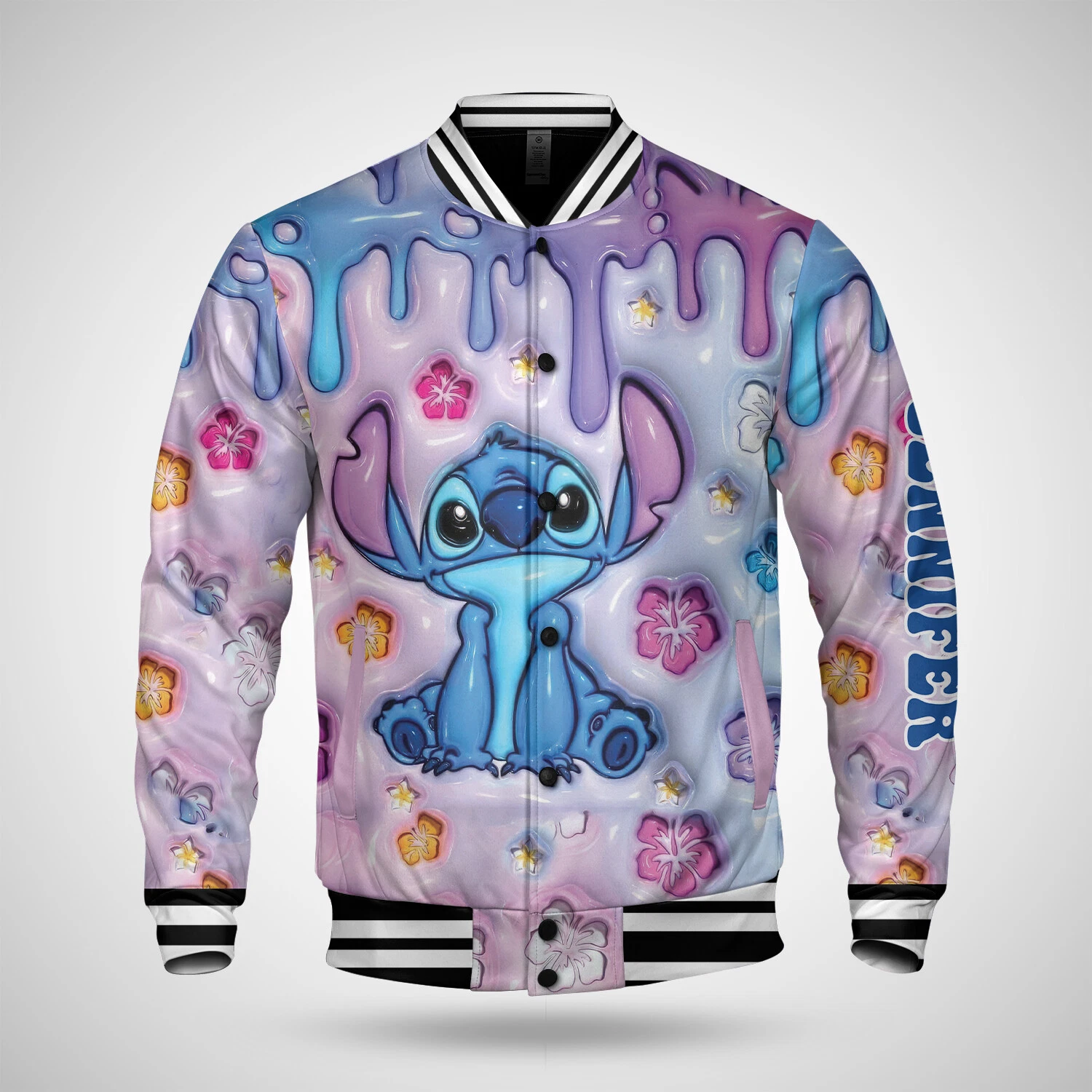 Personalized Cute Stitch Ohana Means Family Hibiscus Inflated Effect Jacket