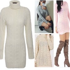 New Women Ladies Roll Polo Neck Cable Knitted Long Sleeve Jumper Sweater Dress