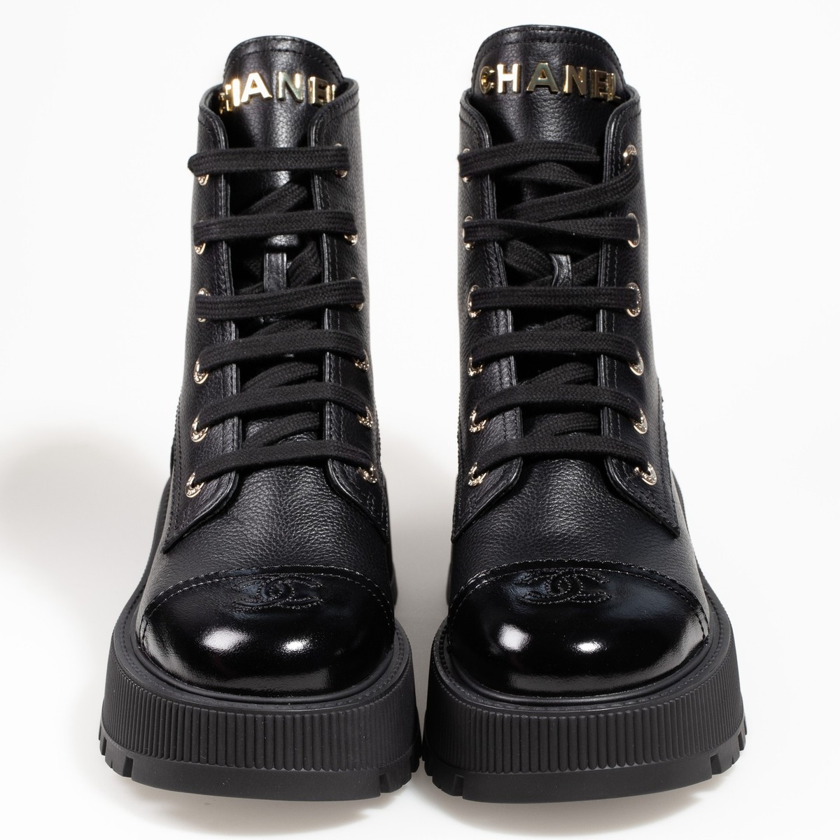 CHANEL Women Ankle Boots Black Leather Lace Up Round Toe