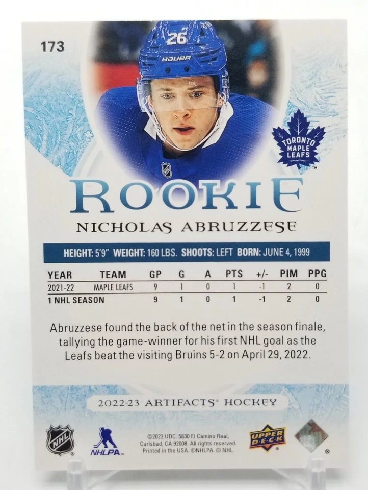 2022-23 Upper Deck Artifacts NICHOLAS ABRUZZESE Rookie RC Autumn /75 Toronto NHL - Image 4 of 4