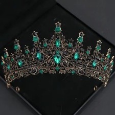 Wicked Silk Prom, Quinceanera Jeweled Crown Tiara Headband - Black Green