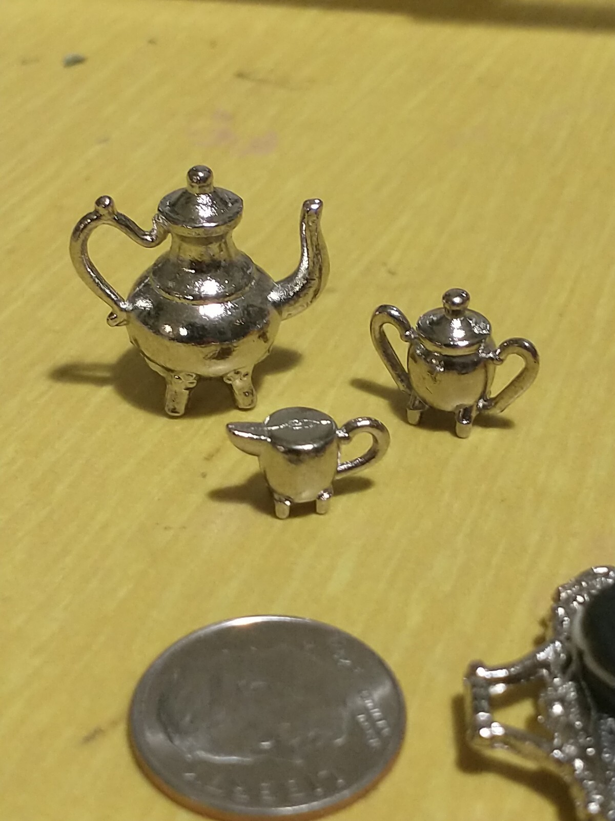 Vtg 112 Dollhouse Miniature Silver Tea Set+Tray Pastries Bread Roll