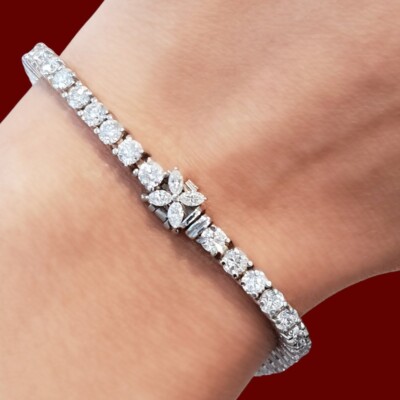 Solid 14k White Gold Women Bracelet 7.40 Ct Lab Grown Marquise Round Cut Diamond