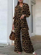 Leopard Print Pant Sets Casual Loose Tops and Pant Autumn Wide Leg Pant Leisure
