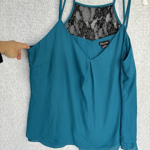 City Chic Womens V-Neck Sleeveless Top Lace Back Panel Teal Green M Plus - Picture 3 of 11