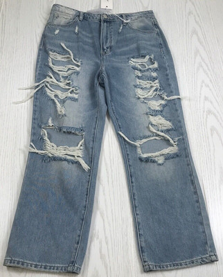Risen High Rise Straight Jeans Womens 13/31 Blue Distressed Destroyed Cotton New