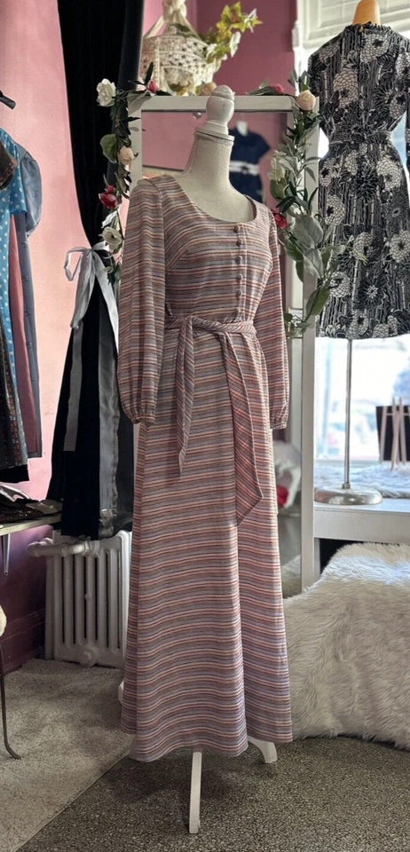 Maxi Vestido Vintage Años 60 70 Rosa Púrpura Rayas Mod Mangas Globo Brillo XS/S Foto 4 de 4