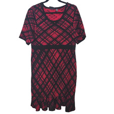 Nina Leonard Dress Womens 1X Sweater Red Plaid Ruffle Hem Short Sleeve Stretch